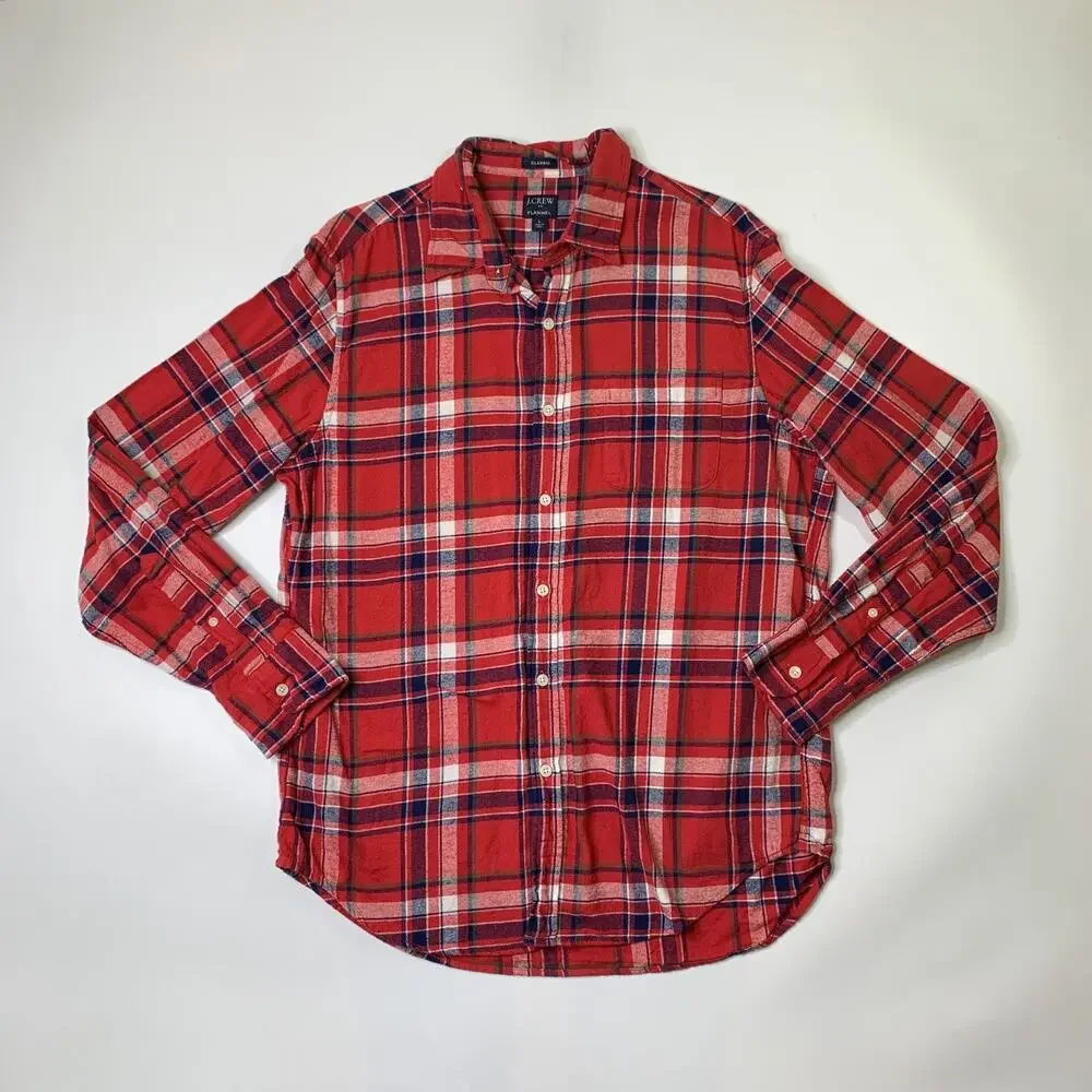 J Crew Shirt Mens L Large Classic Flannel Plaid Curved Shirttail Hem Button Up